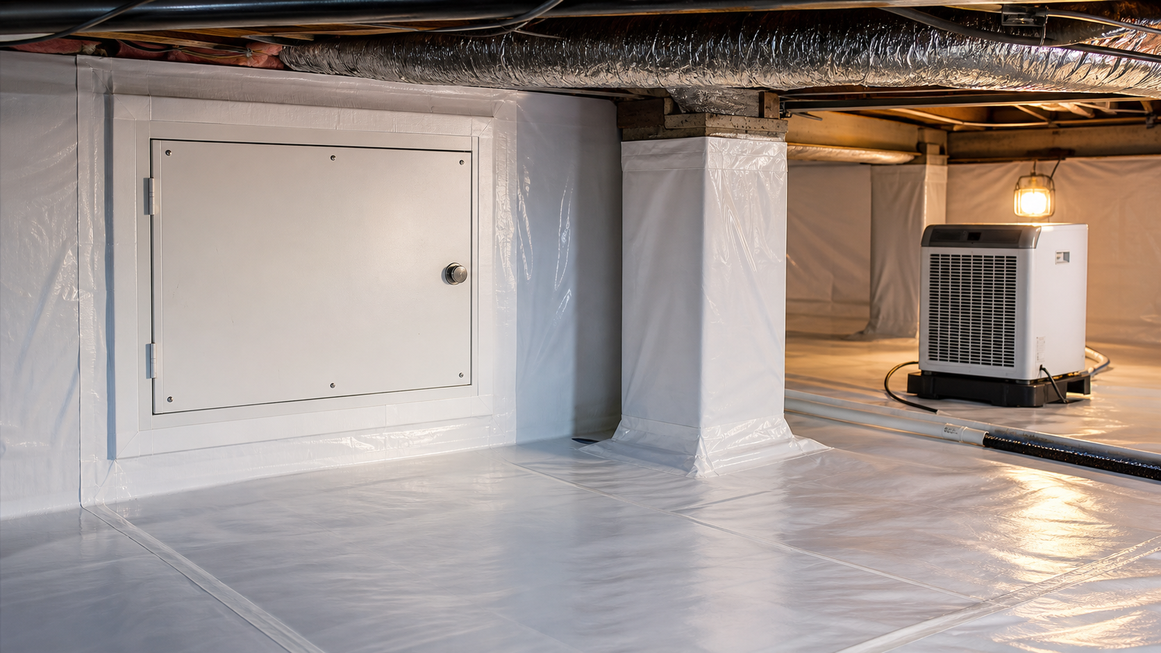 Crawl space access opening with a dehumidifier inside