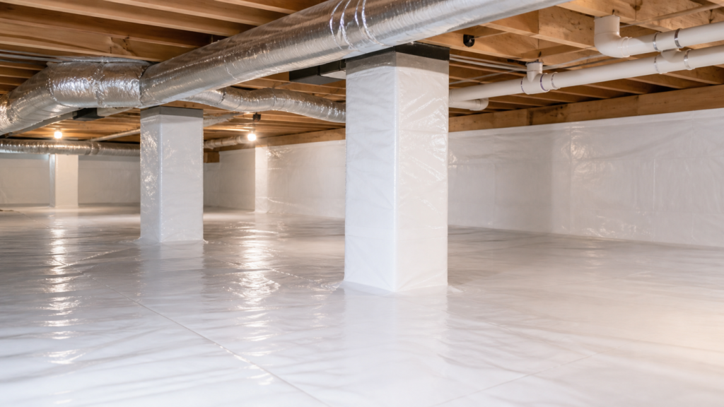 Wide view of a finished white crawl space encapsulation system