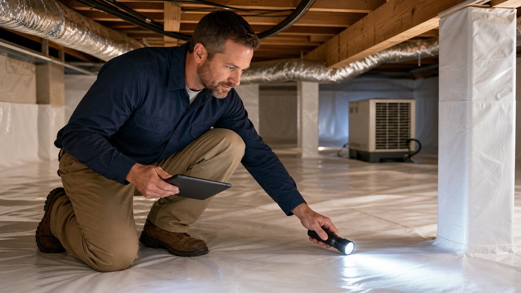 Crawl space technician inspecting a clean encapsulated area