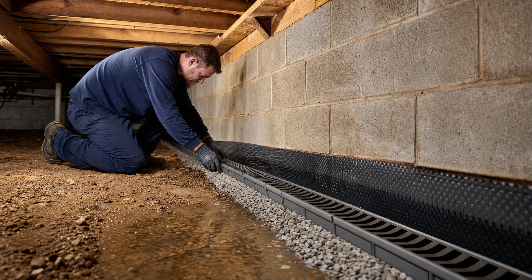 Technician installing a perimeter drainage channel along a crawl space wall