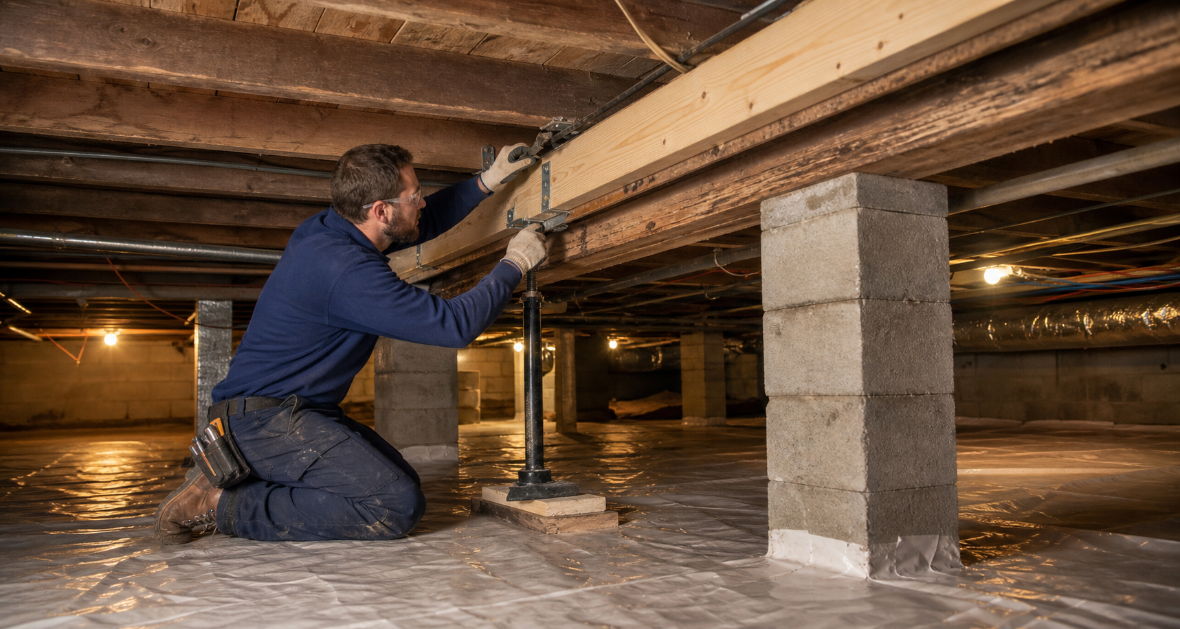 Technician reinforcing a weakened floor joist in a crawl space