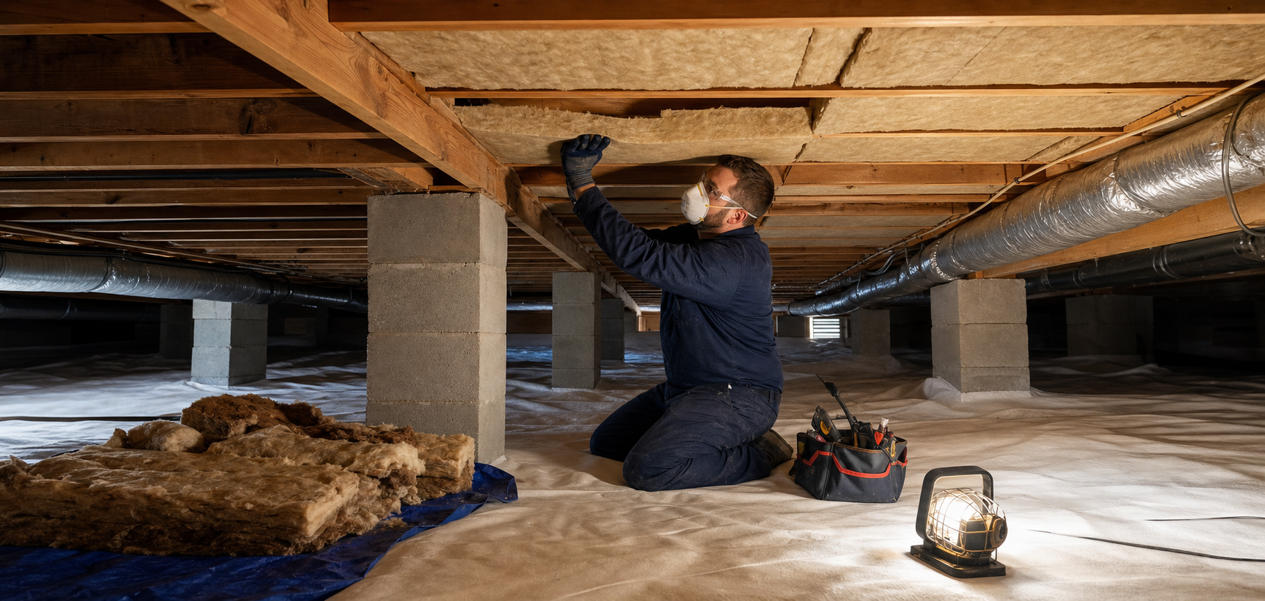 Technician replacing damaged insulation between crawl space floor joists